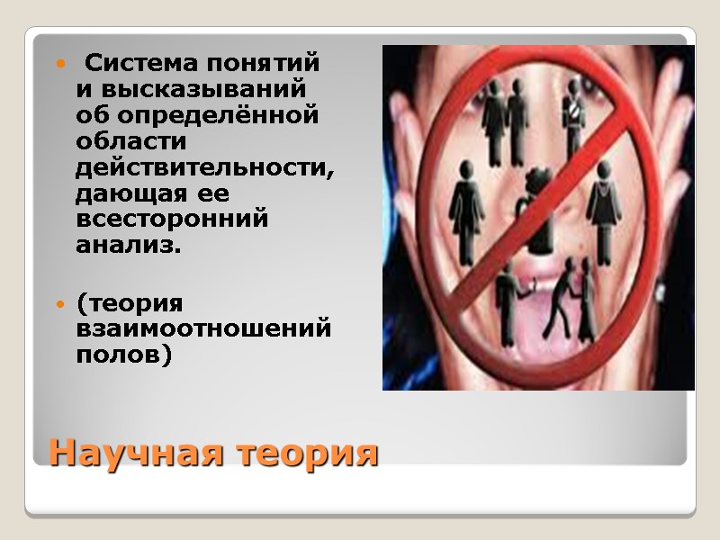 Научная теория  Система понятий и высказываний об определённой области действительности, дающая ее всесторонний